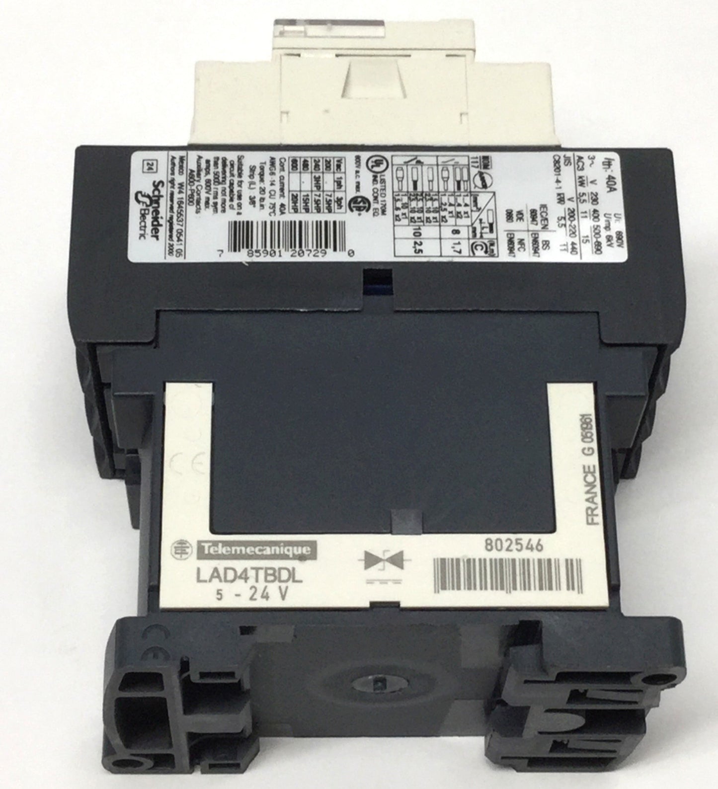 Used Telemecanique LC1D25BD TeSys IEC Contactor, 3-Pole, 24VDC Coil w/LAD4TBDL Diode