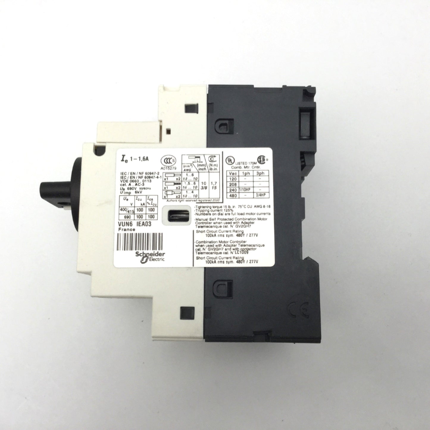 Used Telemecanique GV2-P06H7/1-1.6A Manual Starter and Protector 3-Pole, 1 to 1.6 Amp