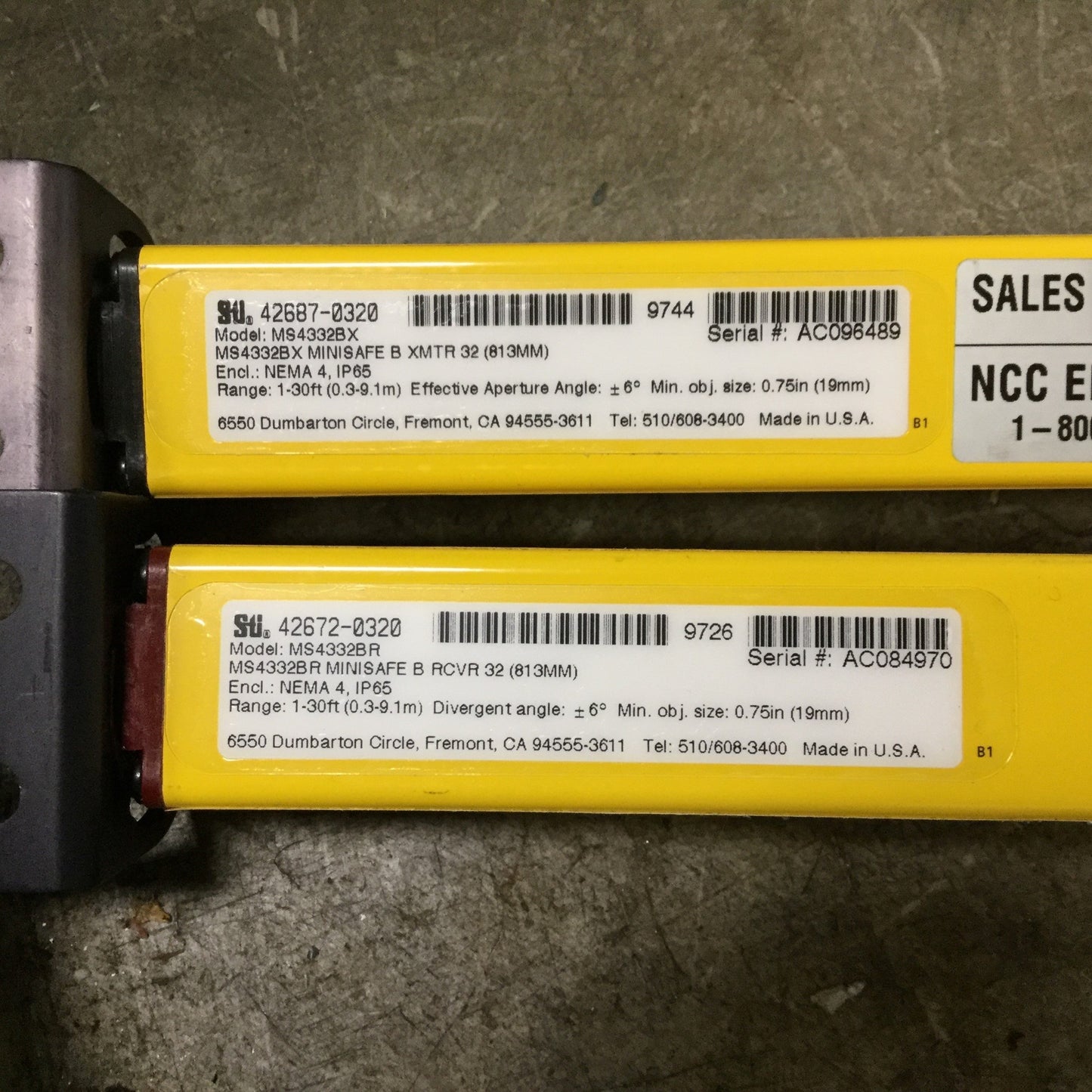 Used STI MiniSafe-B MS4332BR & MS4332BX Light Curtains Transmitter & Receiver MS4300