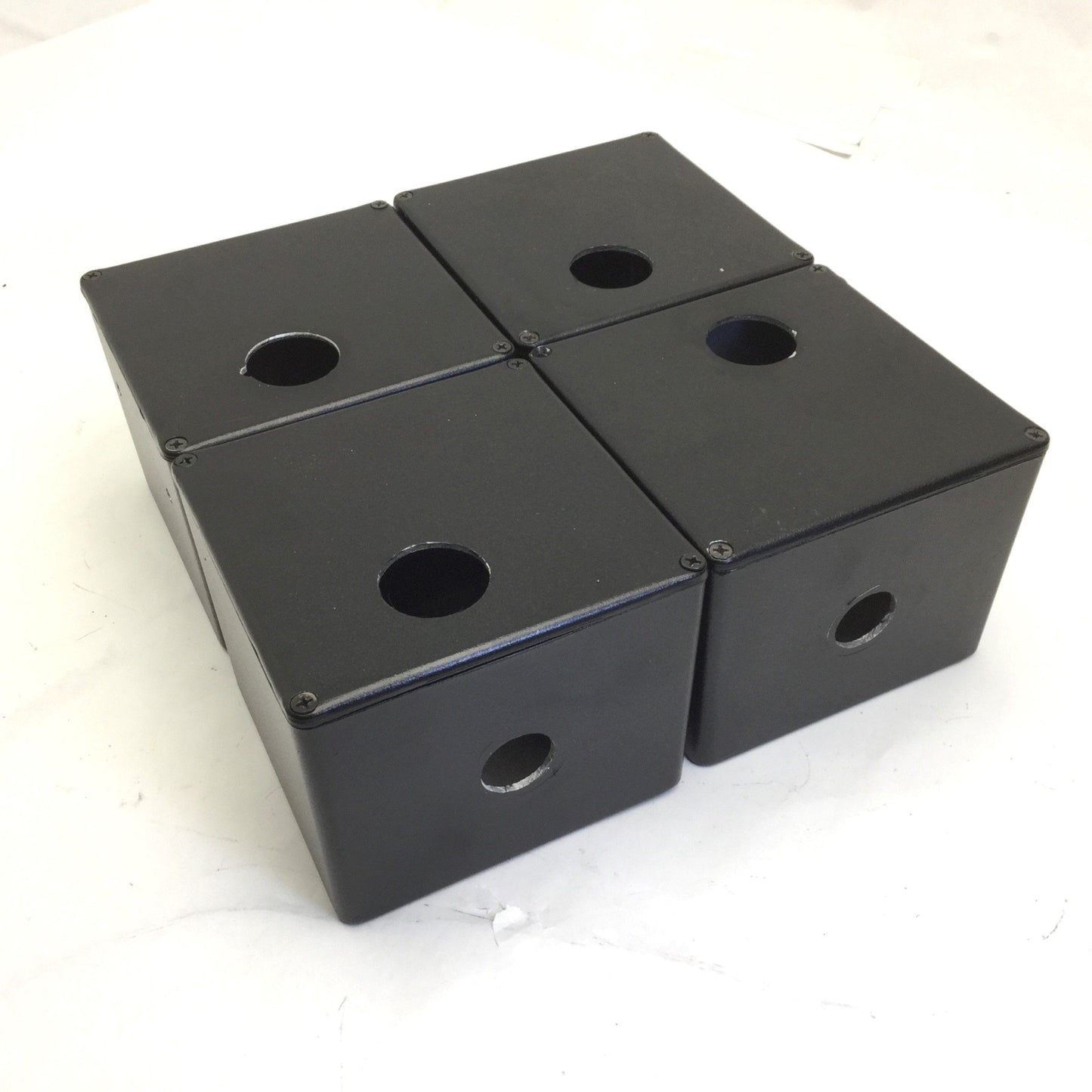 Used Lot of 4 Aluminum Enclosures Dimensions: 4-3/4" x 4-3/4" x 3-3/4" *Has Holes*