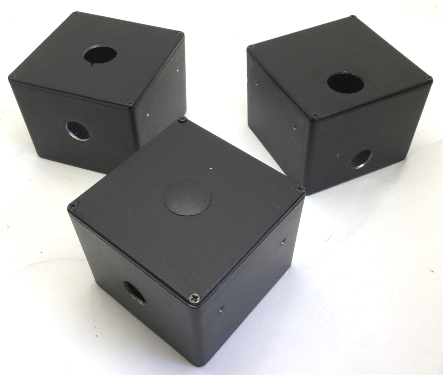 Used Lot of 3 Aluminum Enclosures Dimensions: 4 3/4" x 4 3/4" x 3 3/4" *Has Holes*