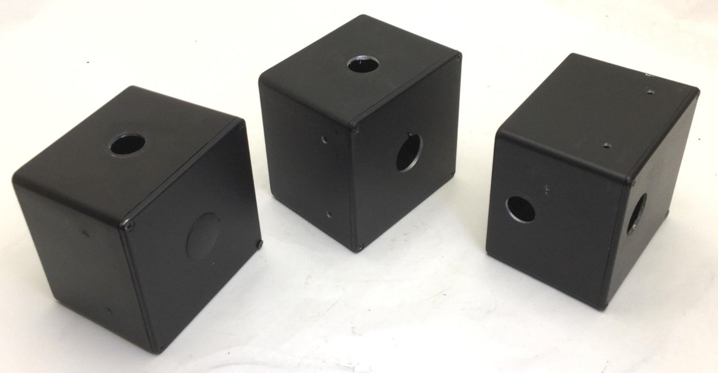 Used Lot of 3 Aluminum Enclosures Dimensions: 4 3/4" x 4 3/4" x 3 3/4" *Has Holes*