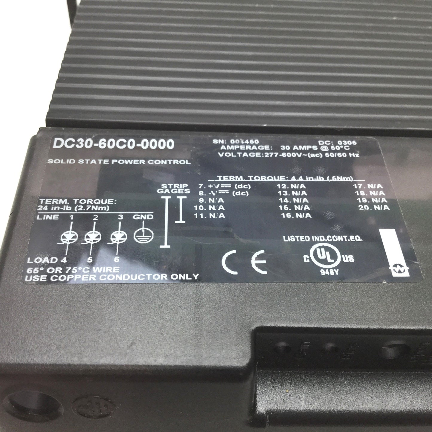 Used Watlow DC30-60C0-0000 Solid State 30A Power Controller, 277-600VAC, 4.5-32VDC
