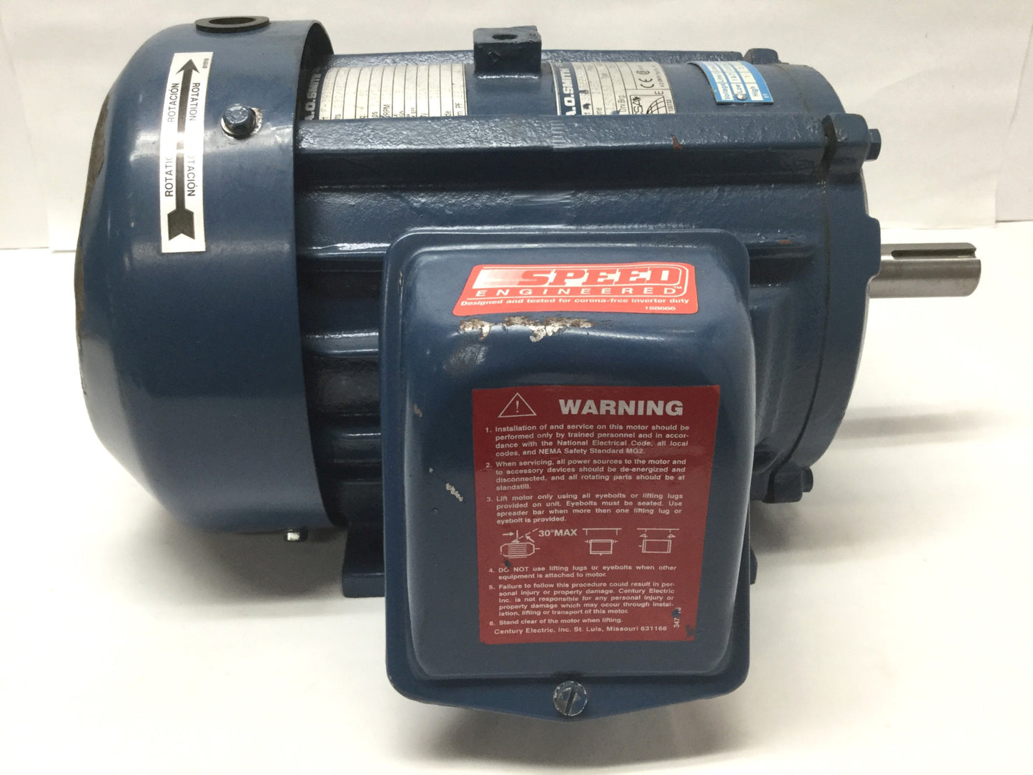 Used A.O. Smith F-391366-62 E-Plus AC Motor 1HP, 230/460VAC 3PH, 1150RPM, Frame 145T