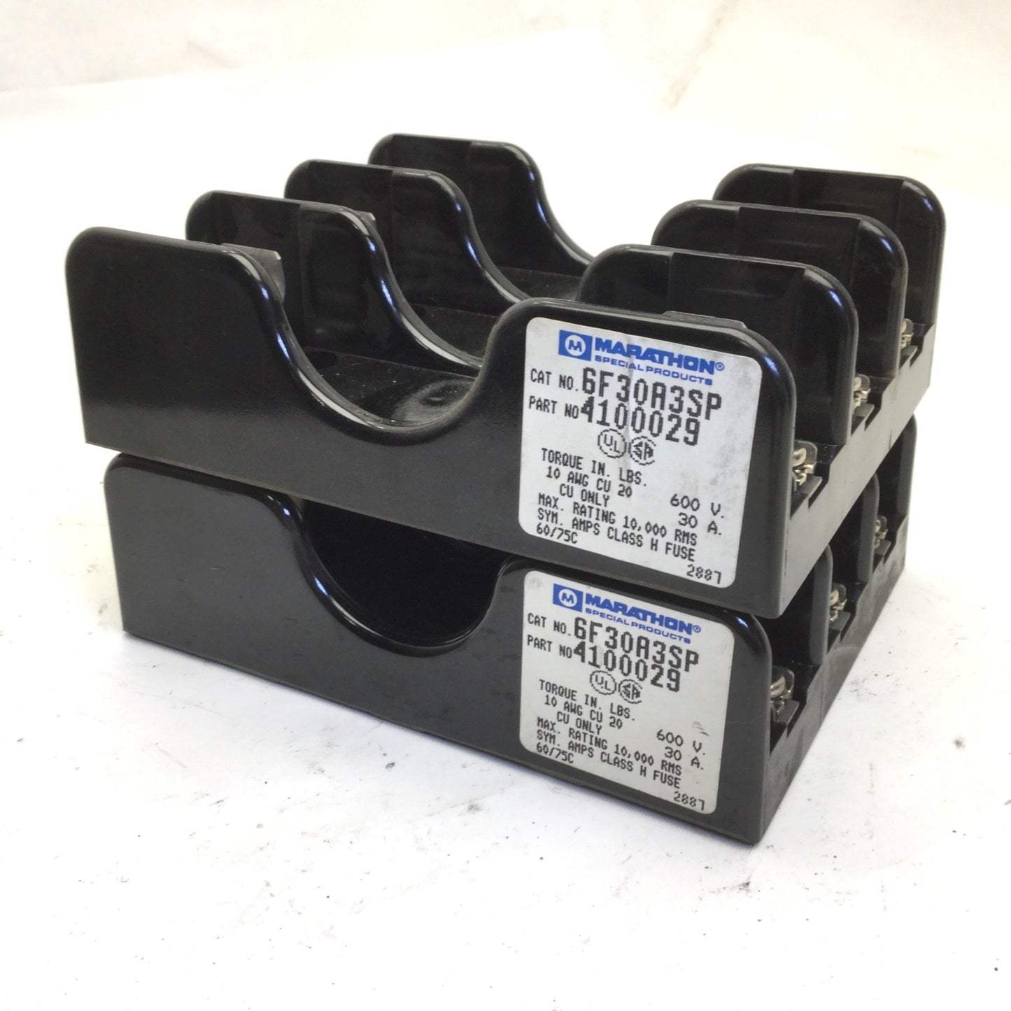 Used Lot of 2 Marathon 4100029 Fust Holders, 600V, 30A Max, 3-Pole