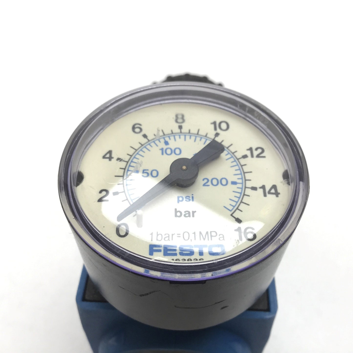 Used Festo LR-1/8-S-B-NPT Pneumatic Regulator W/ 0-16Bar Gauge (0-230psi), 1/8" NPT