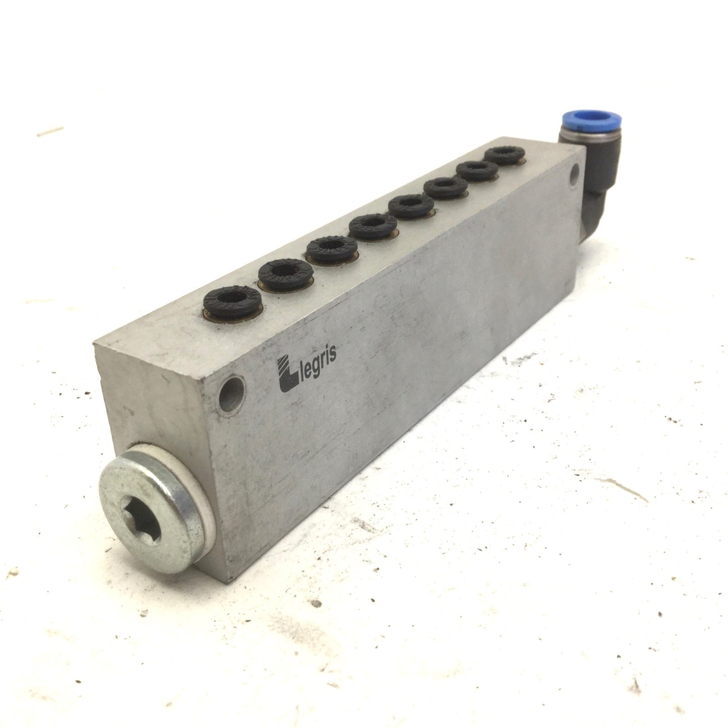 Used Legris 3310 06 13 Pneumatic Manifold, Anodized Aluminum, 145 PSI, 1/4" NPT Inlet