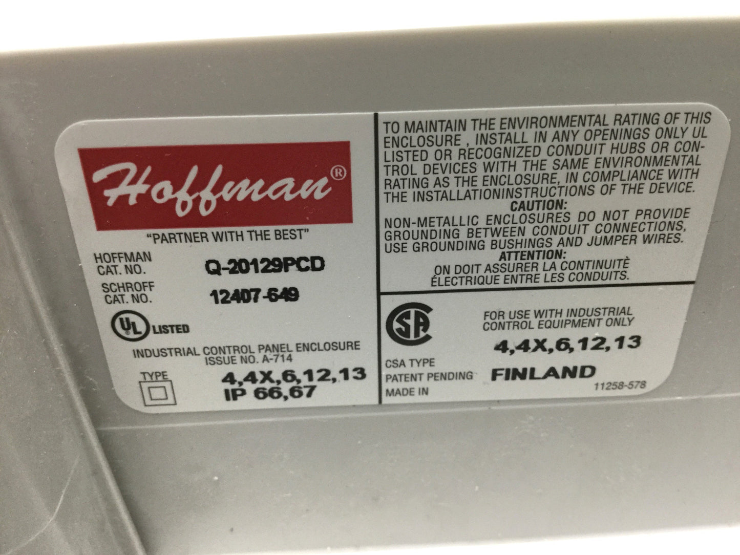 Used Hoffman Q20129PCD Plastic Pushbutton Enclosure Box 200 x 120 x 85mm *Holes