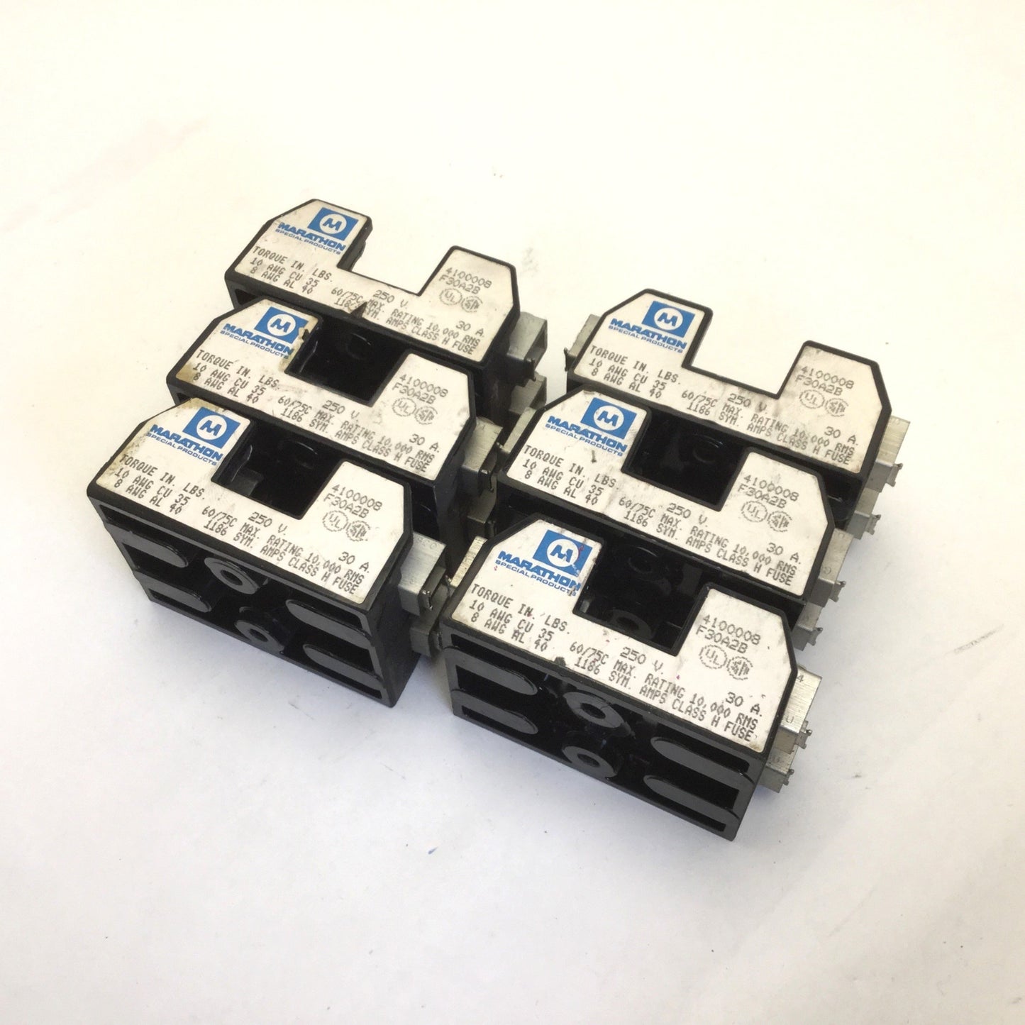 Used Lot of 6 Marathon 4100008 Fust Holders, 250V, 30A Max, 2-Pole