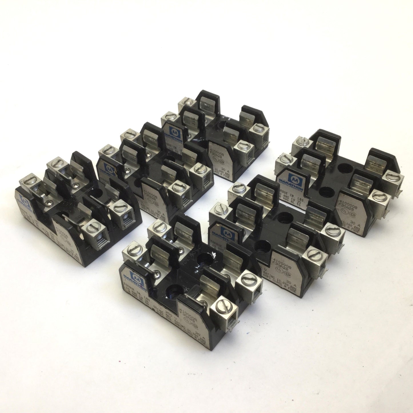 Used Lot of 6 Marathon 4100008 Fust Holders, 250V, 30A Max, 2-Pole
