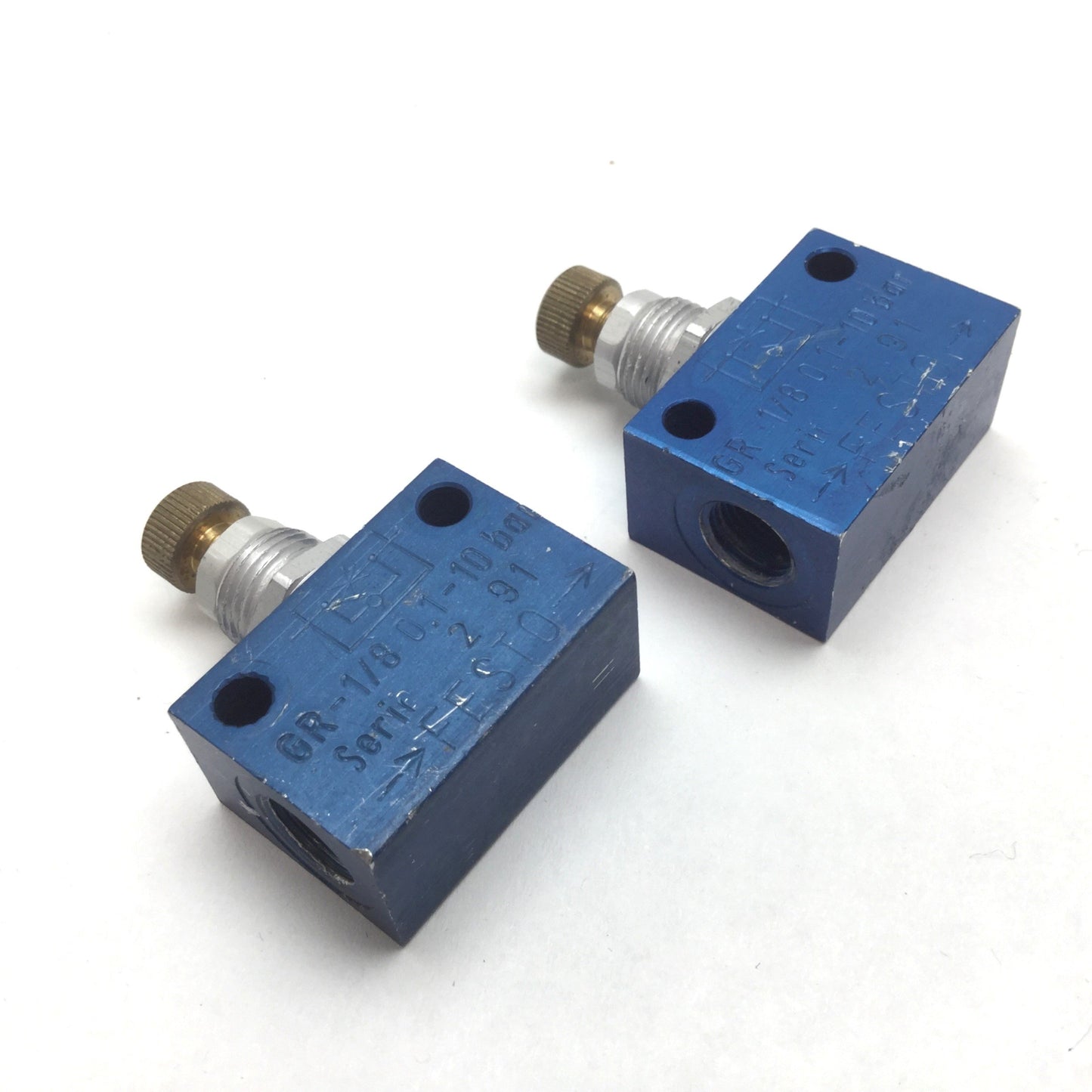 Used Lot of 2 Festo GR-1/8 Flow Control Valve, Inline, 0.1-10 bar, Ports: G1/8