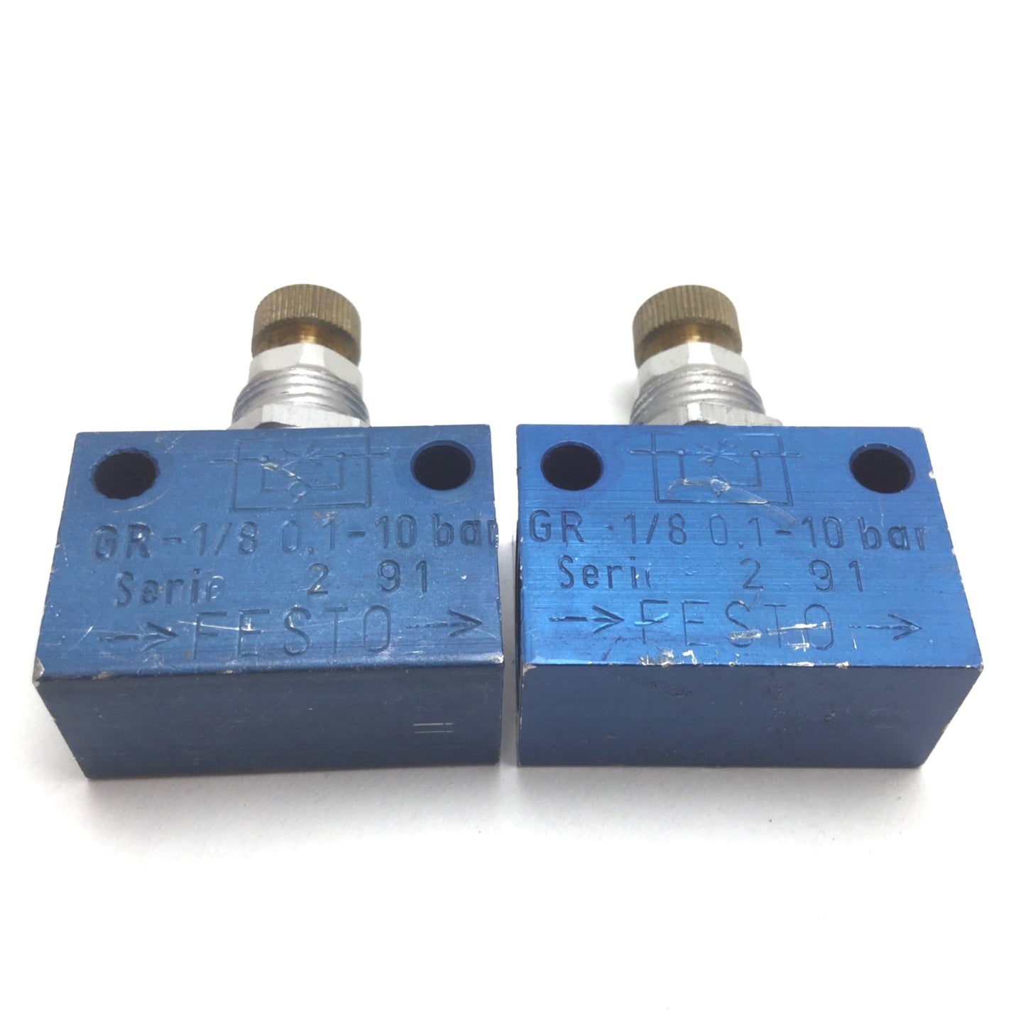 Used Lot of 2 Festo GR-1/8 Flow Control Valve, Inline, 0.1-10 bar, Ports: G1/8