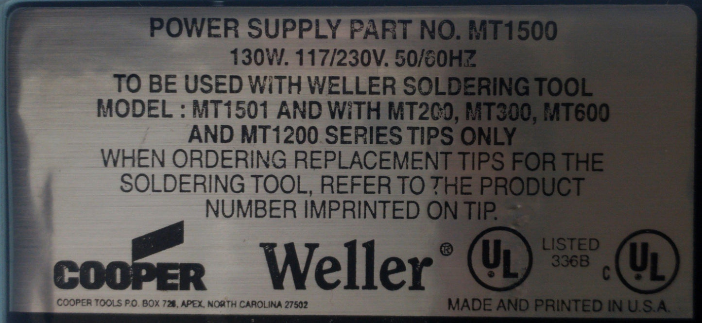 Used Weller MT1500 Soldering Station Power Unit 400-850℉ ±10℉ ESD Safe 120VAC 130W