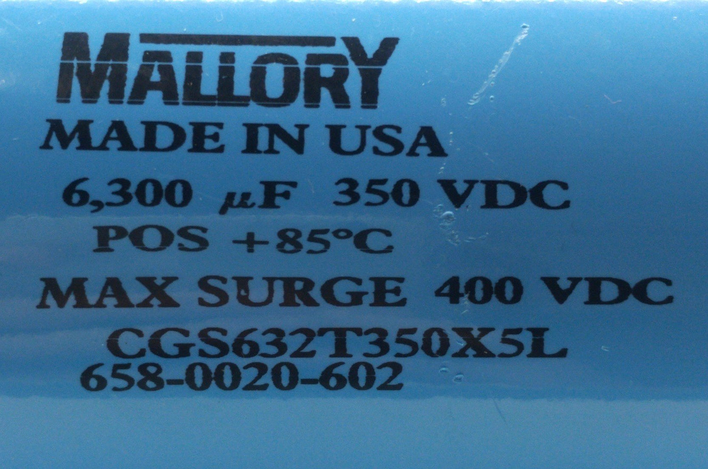 Used Mallory CGS632T350X5L Electrolytic Capacitor 6300μF MFD, 350VDC, ø3 x 6"