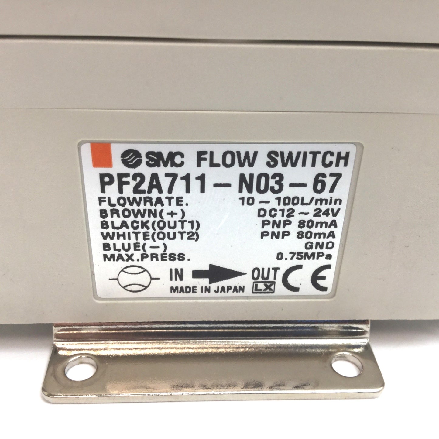Used SMC PF2A711-N03-67 Flow Switch, Ports: 3/8" NPT, Range: 10-100 l/min, 12-24VDC
