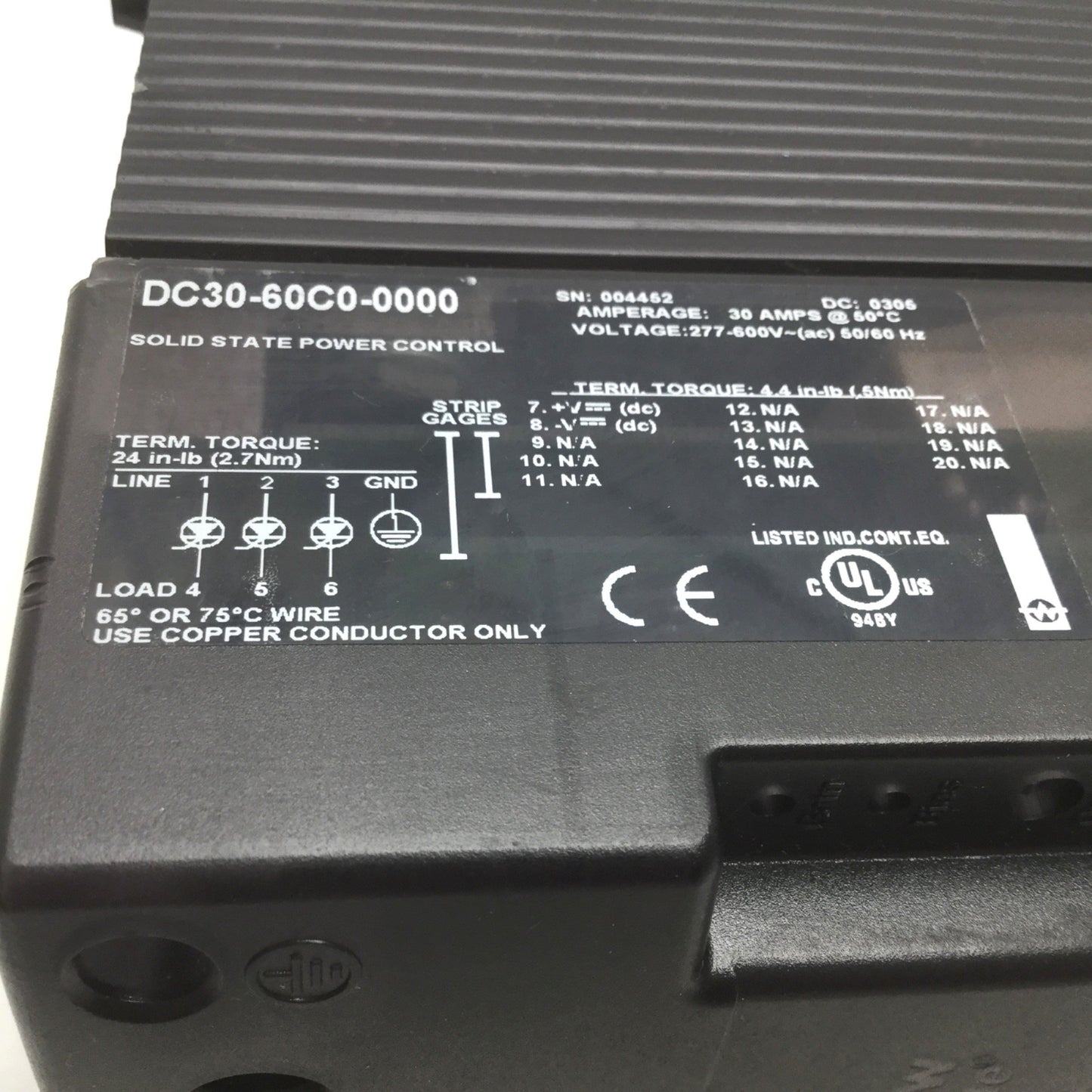 Used Watlow DC30-60C0-0000 Solid State 30A Power Controller, 4.5-32VDC, 277-600VAC