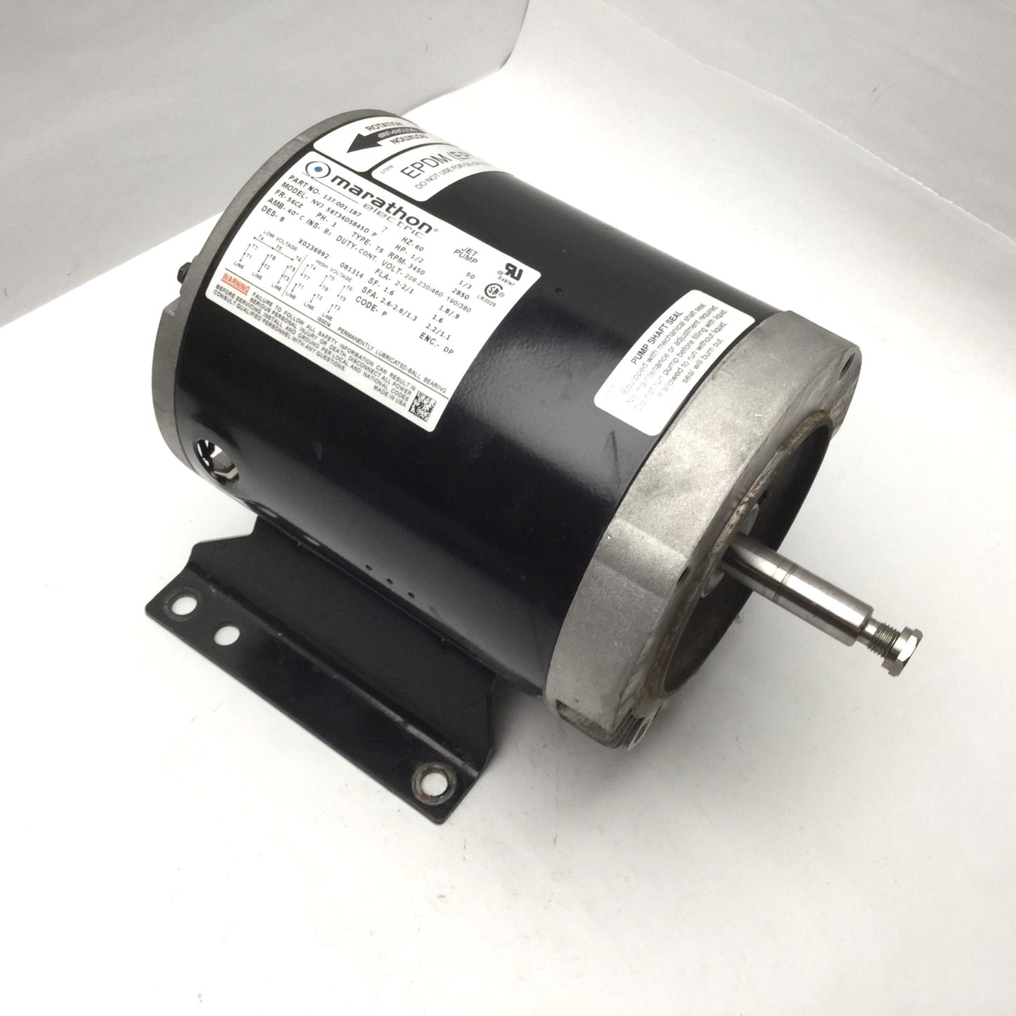 Used Marathon 137.001.187 0.5HP Jet Pump Motor 208-460V 3-Phase 3450rpm J56 Frame ODP