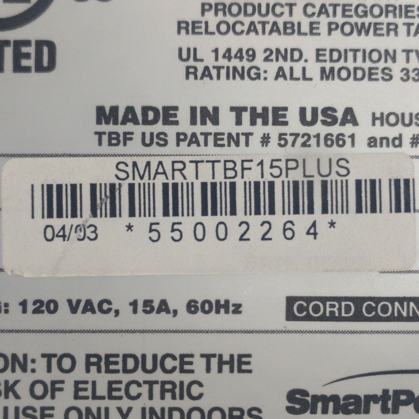 Used Smart Power SMARTTBF15PLUS Transformer Based Power Filter, 4x 5-15R, 120VAC 15A