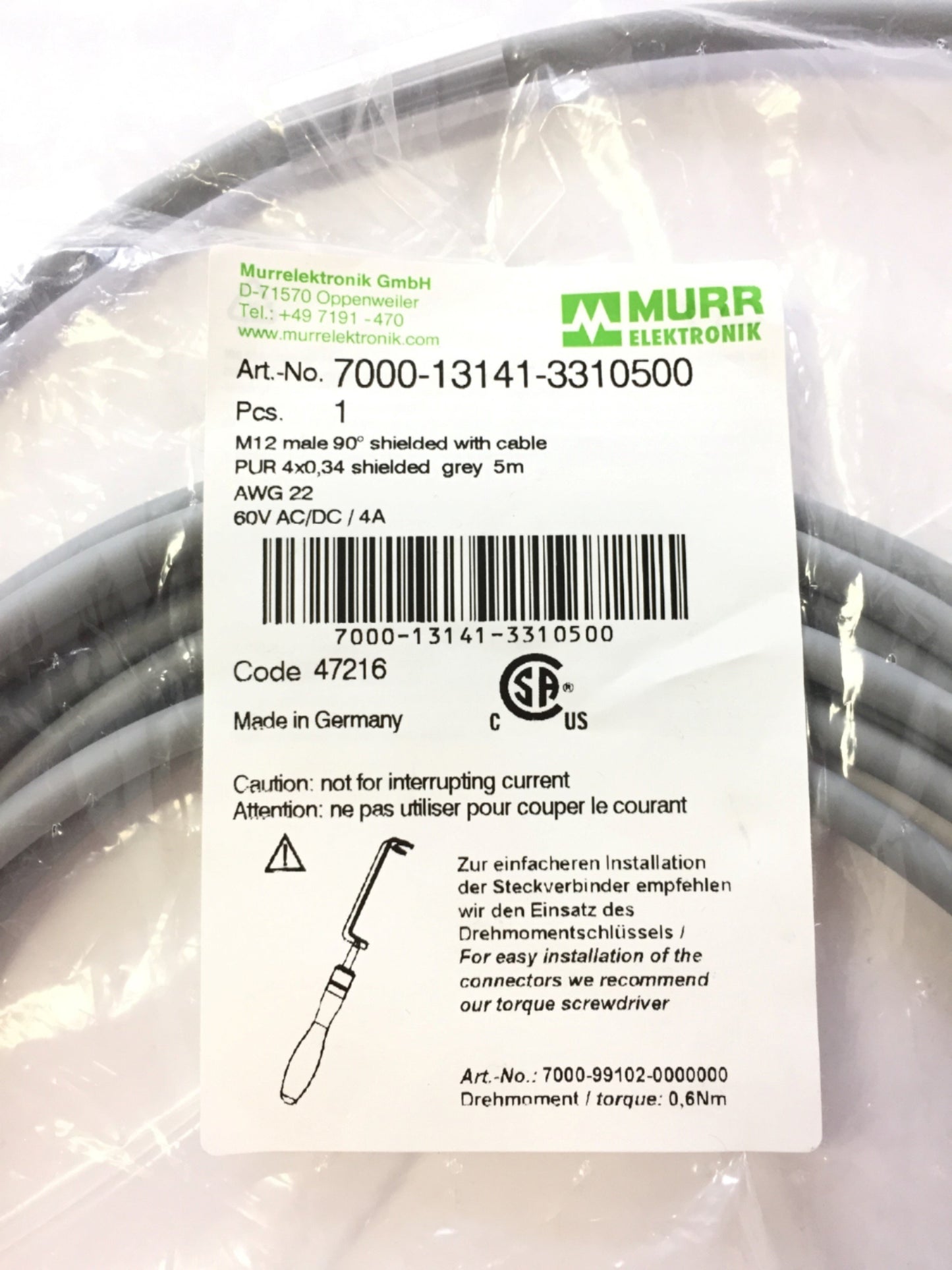 New Murr Elektronik 7000-13141-3310500 Cable Cordset M12 Male 90, 4-Pin, Length: 5m