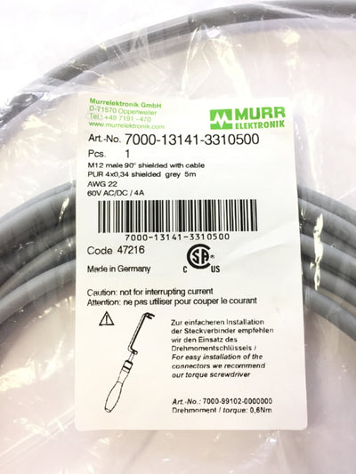 New Murr Elektronik 7000-13141-3310500 Cable Cordset M12 Male 90, 4-Pin, Length: 5m