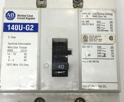 Used Allen-Bradley 140U-G2 Molded Case Circuit Breaker 40A, 3-Pole, 240/480VAC
