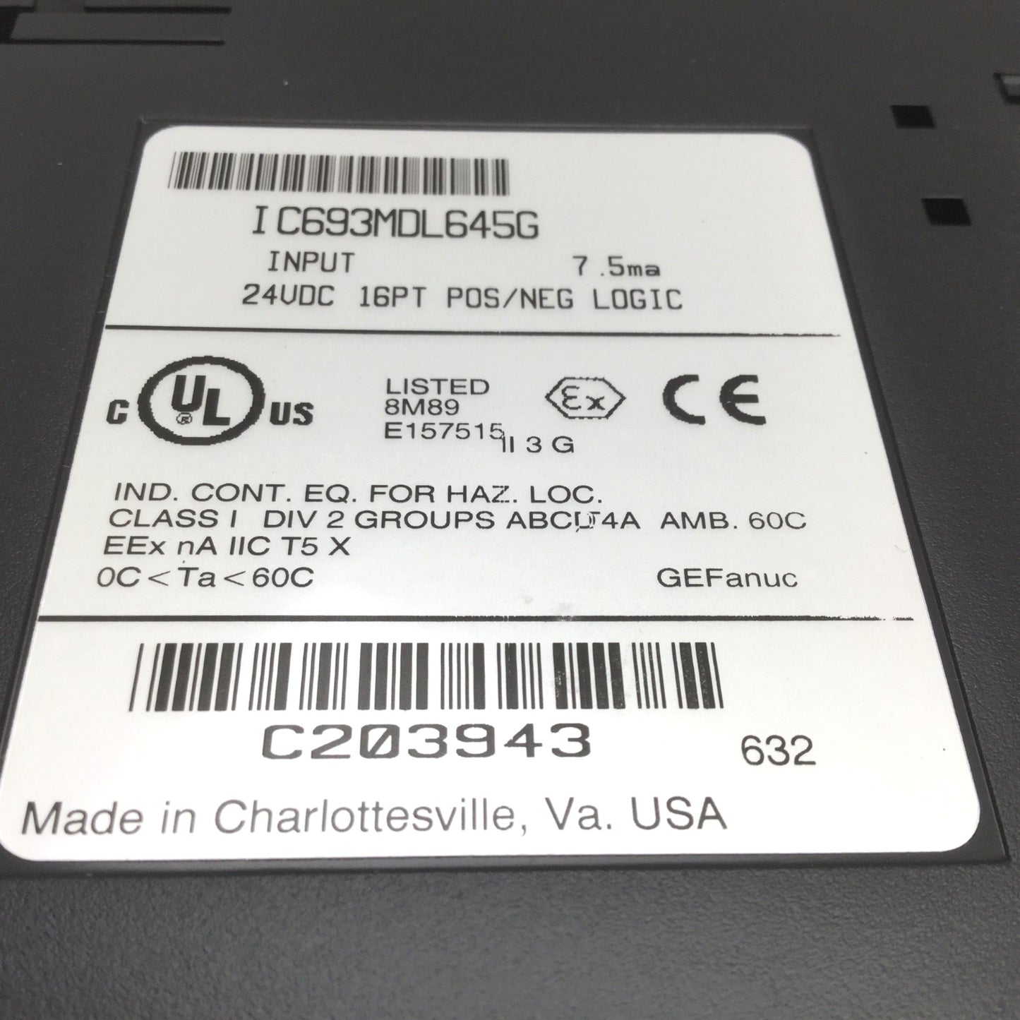 Used GE Fanuc IC693MDL645G PLC Input Module, 24VDC 16-Point POS/NEG 7.5mA Per Point