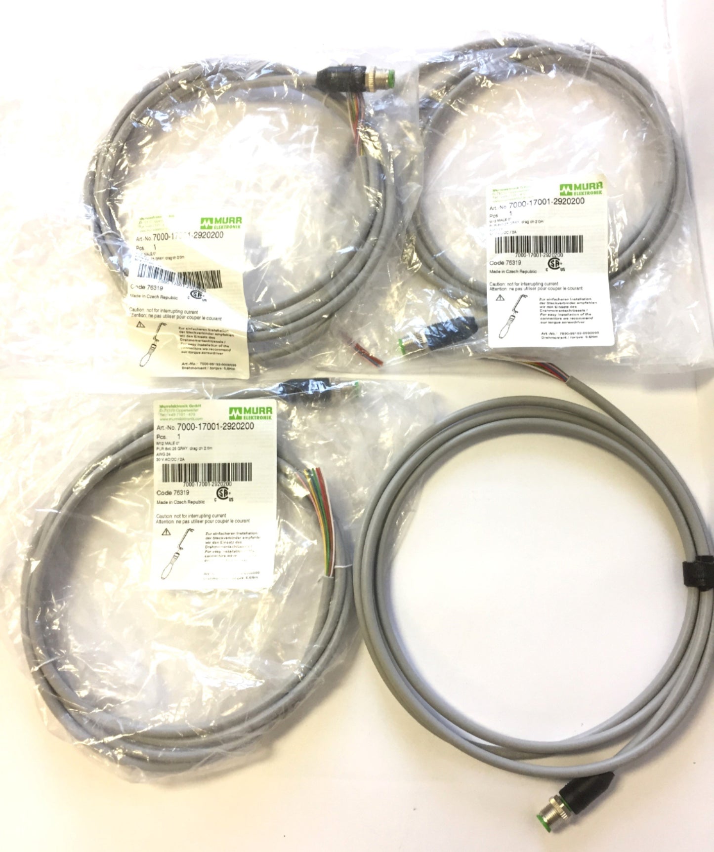New Lot of 4 Murr Elektronik 7000-17001-2920200 Cables, Straight Male M12, 8-Pole