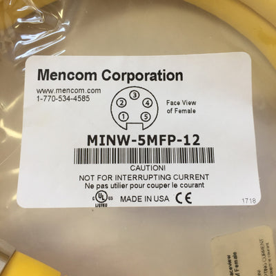 New Mencom MINW-5MFP-12 Cordset Male to Female Straight 5-Pole, 12 Ft, 8A Yellow TPE