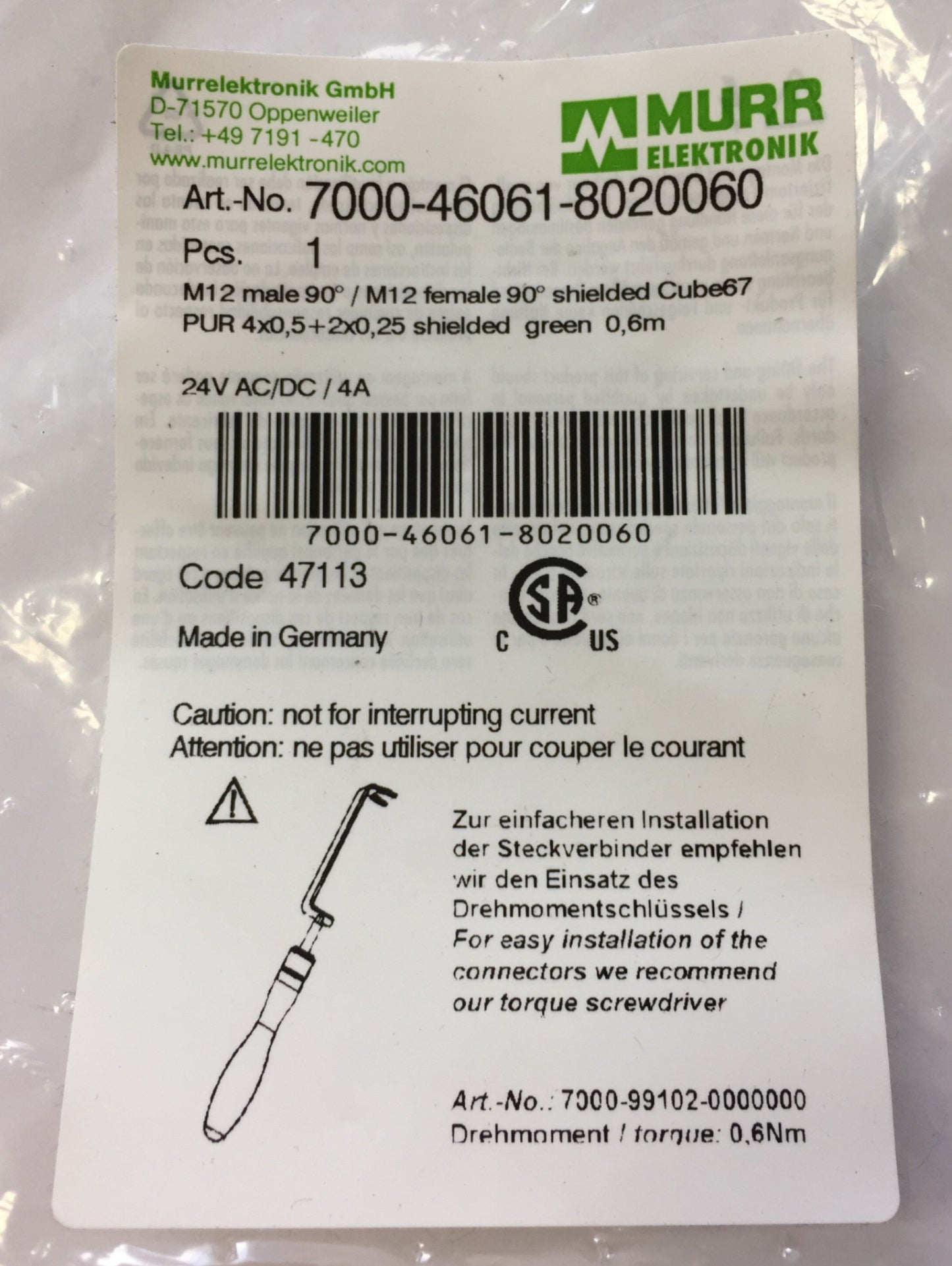 New Murr Elektronik 7000-46061-8020060 Cable Cordset M12 Male, M12 Female 90°, 0.6m