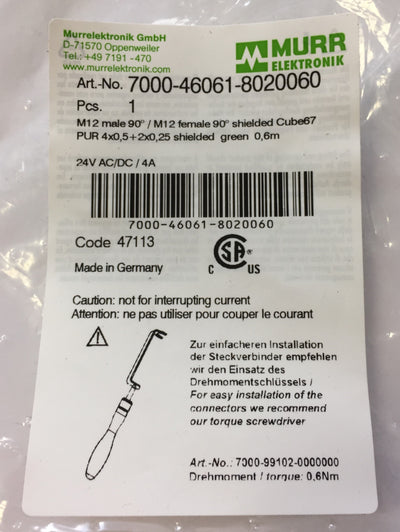 New Murr Elektronik 7000-46061-8020060 Cable Cordset M12 Male, M12 Female 90°, 0.6m