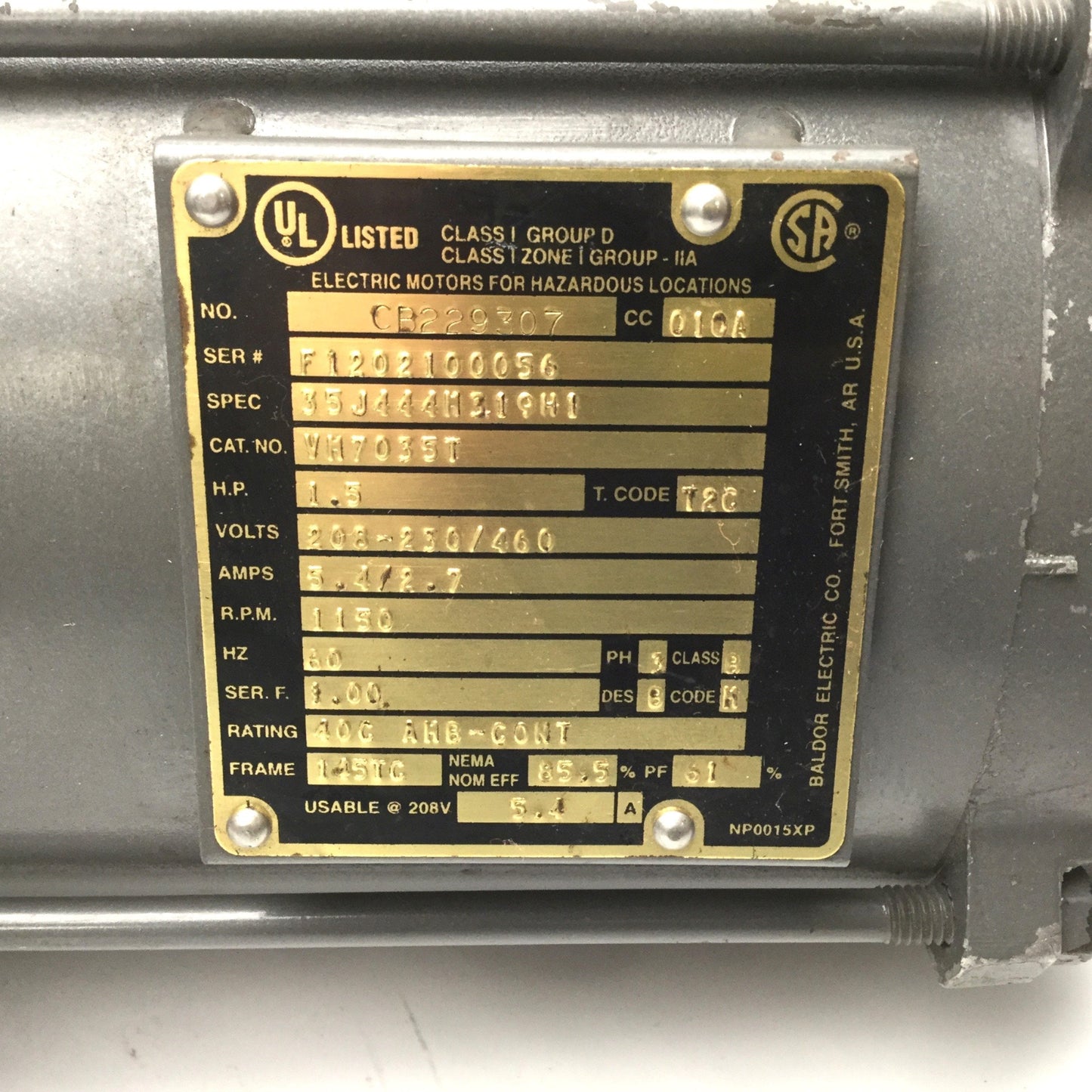 Used Baldor Electric VM7035T Hazardous Location Motor 1.5HP, 208-230/460VAC 5.4/2.7A