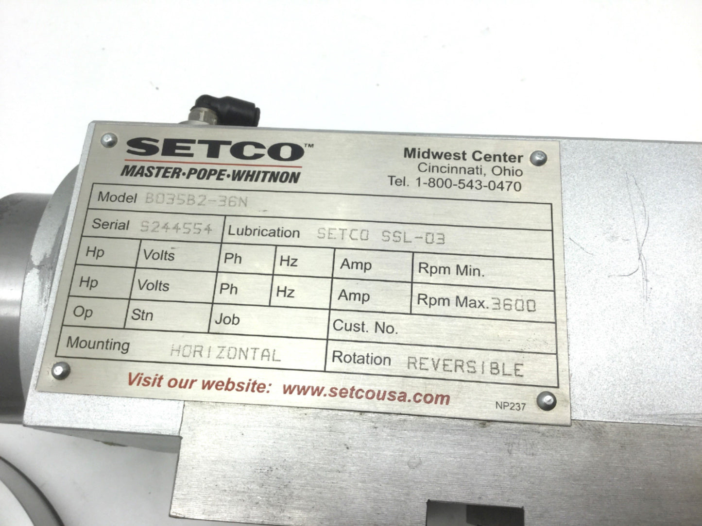 Used Setco B035B2-36N Sentry Belt Driven Spindle Block, Boring, Duplex 3600RPM