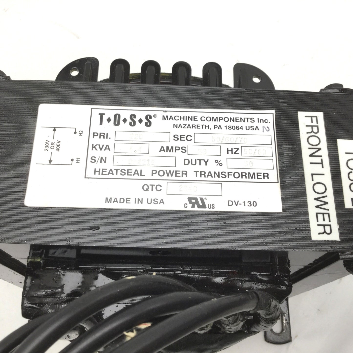 Used TOSS DV-130 Power Transformer, PRI: 220, SEC: 50/60/70, 50/60Hz, 4.4 KVA, 88 Amp