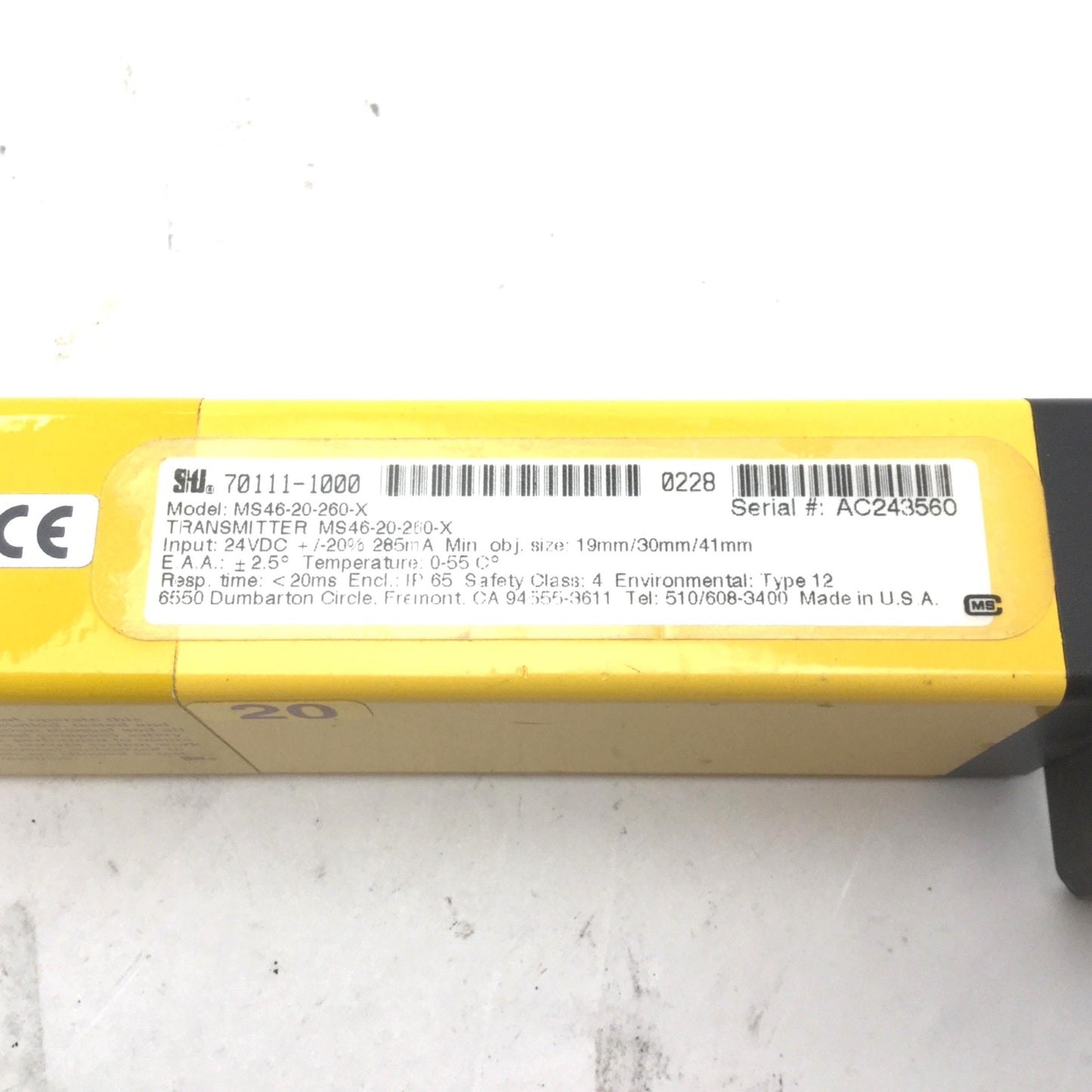 Used STI MiniSafe 4600 Series 70111-1000 Light Curtain, MS46-20-260-X Transmitter
