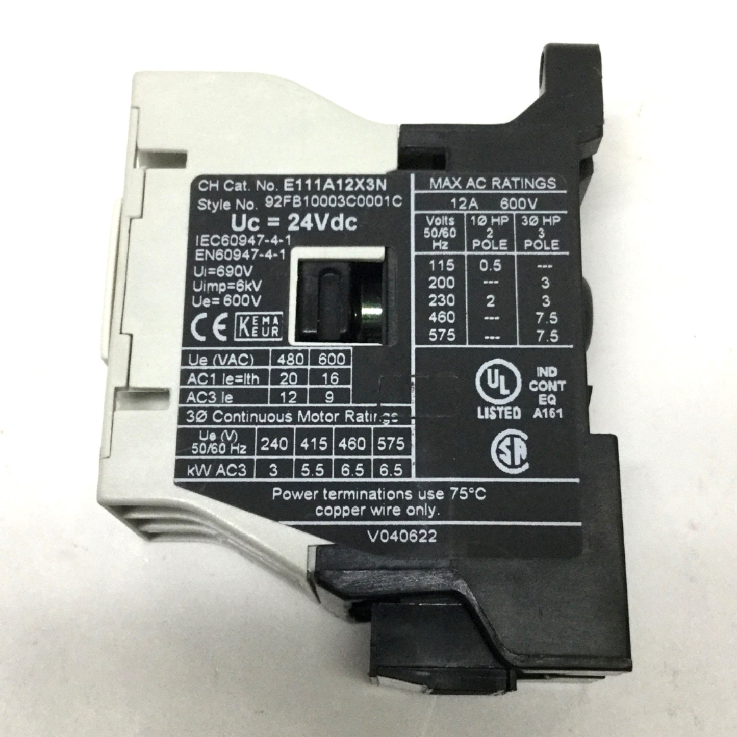 Used Eaton Cutler Hammer E111A12X3N Motor Control Contactor 12A 600VAC, 24VDC Coil