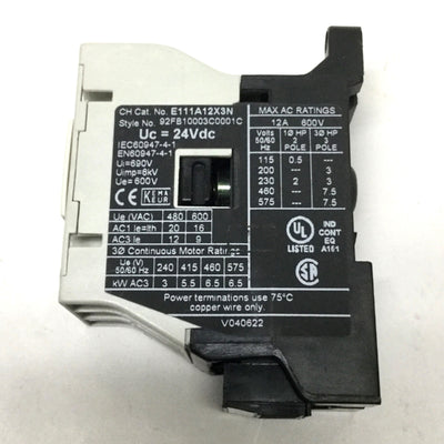 Used Eaton Cutler Hammer E111A12X3N Motor Control Contactor 12A 600VAC, 24VDC Coil