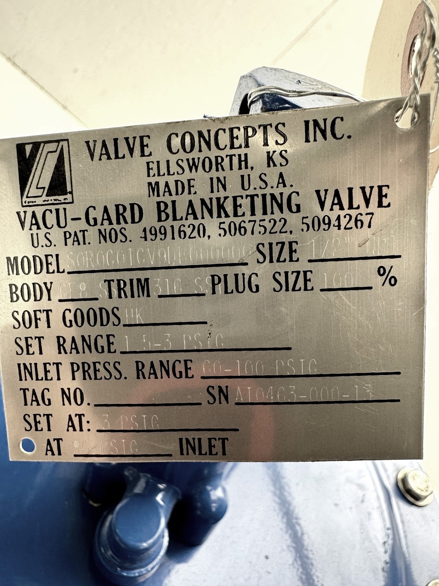 New Cashco Valve Concepts 1088 Vacu-Gard Tank Blanketing Valve Size 1/2" 1.5-3 PSIG