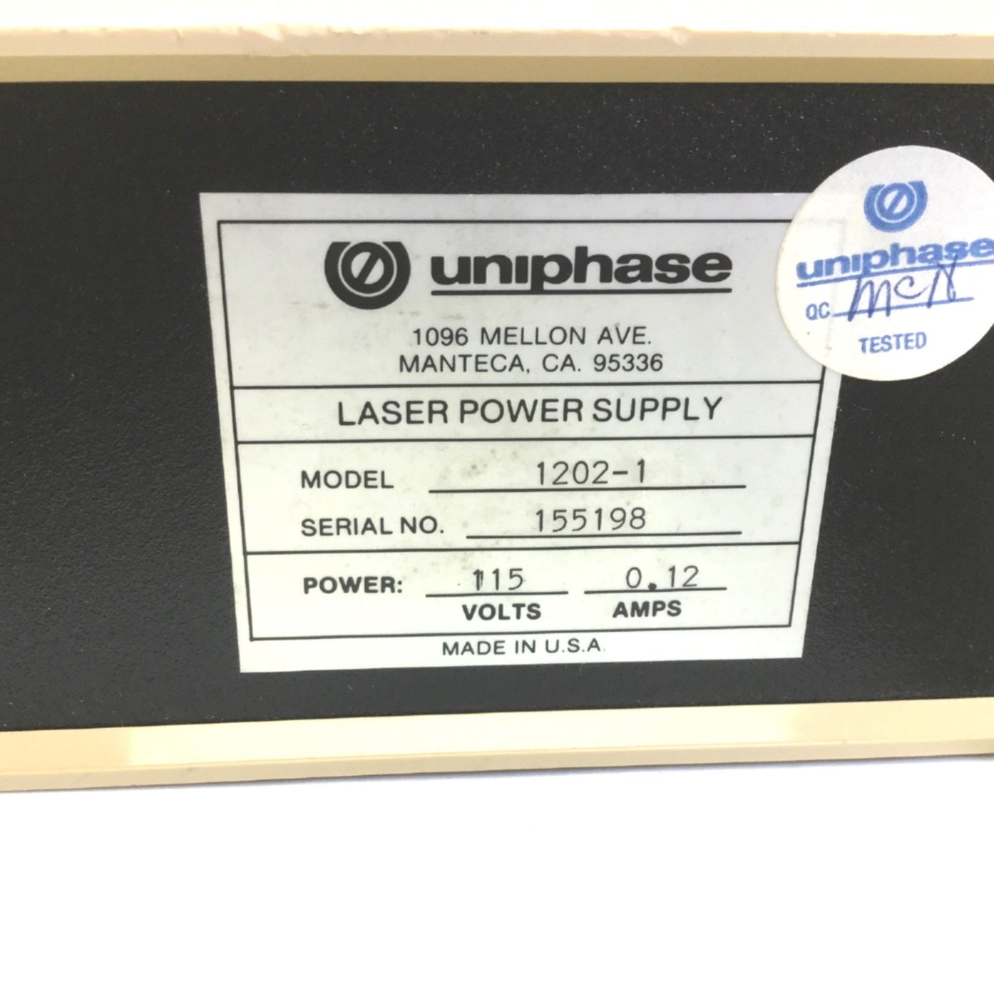 Used Uniphase 1202-1 Laser Power Supply, Power: 115V, Currents: 0.12A, *No Key*