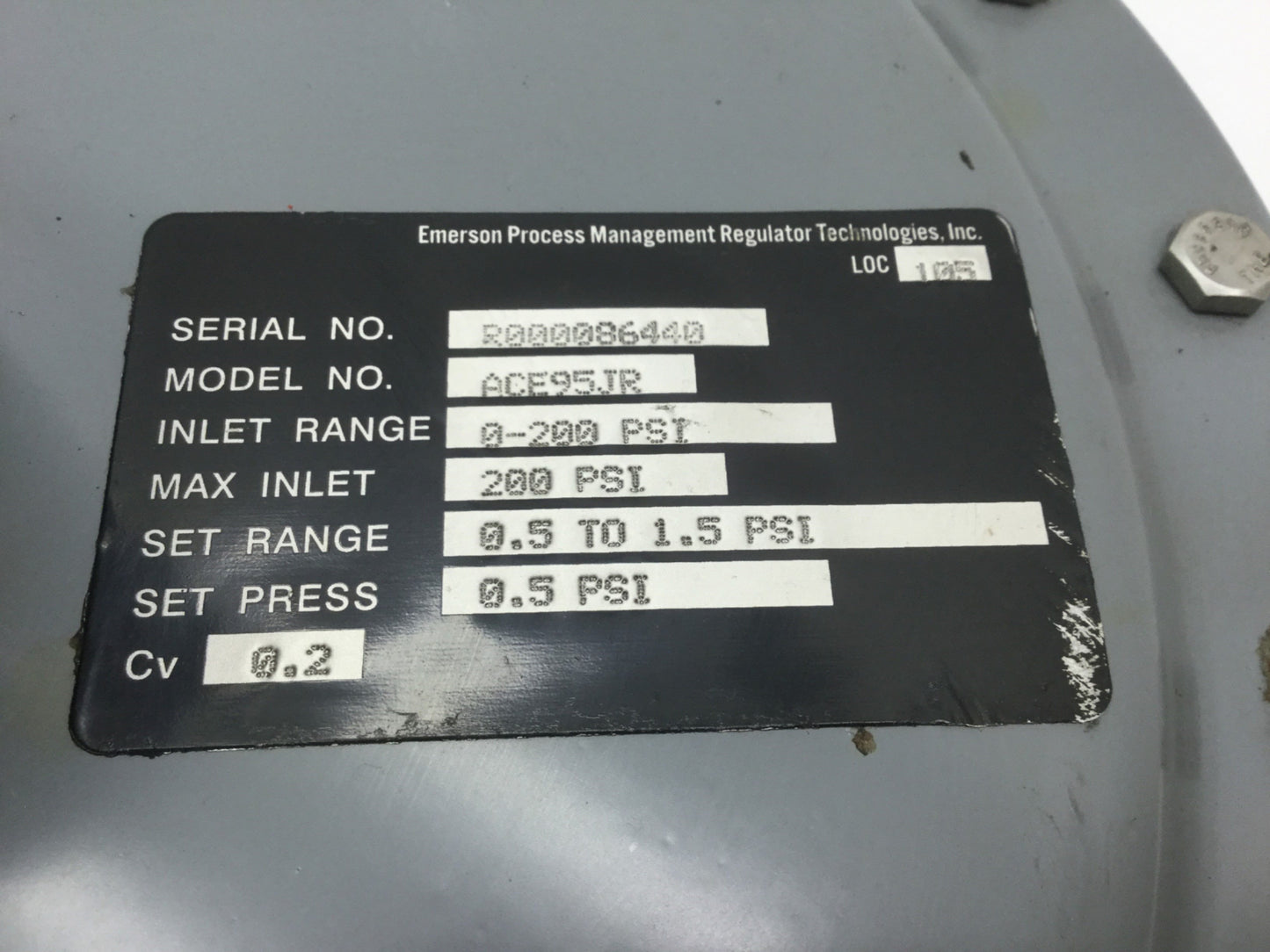 Used Emerson Fisher Type ACE95JR Tank Blanketing Valve 1/2" NPT In: 200 Out: 1.5 PSIG