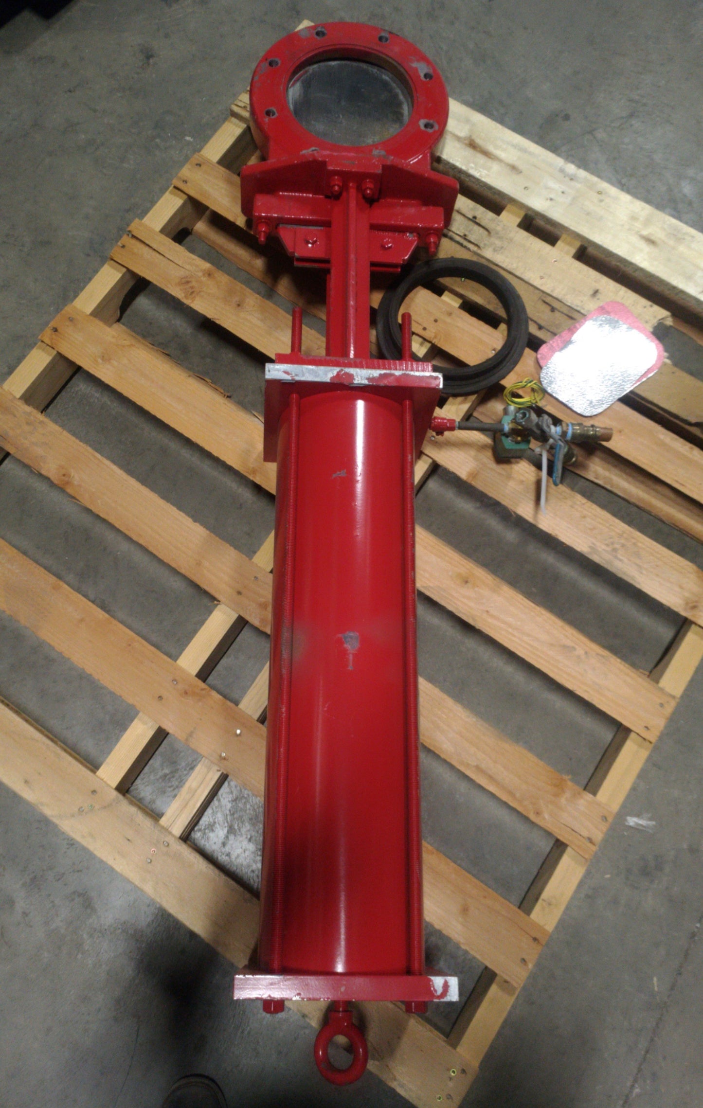 Used Red Valve Pneumatically Actuated Knife Gate Valve 8" Pipe 80PSI Supply 3/8"NPT