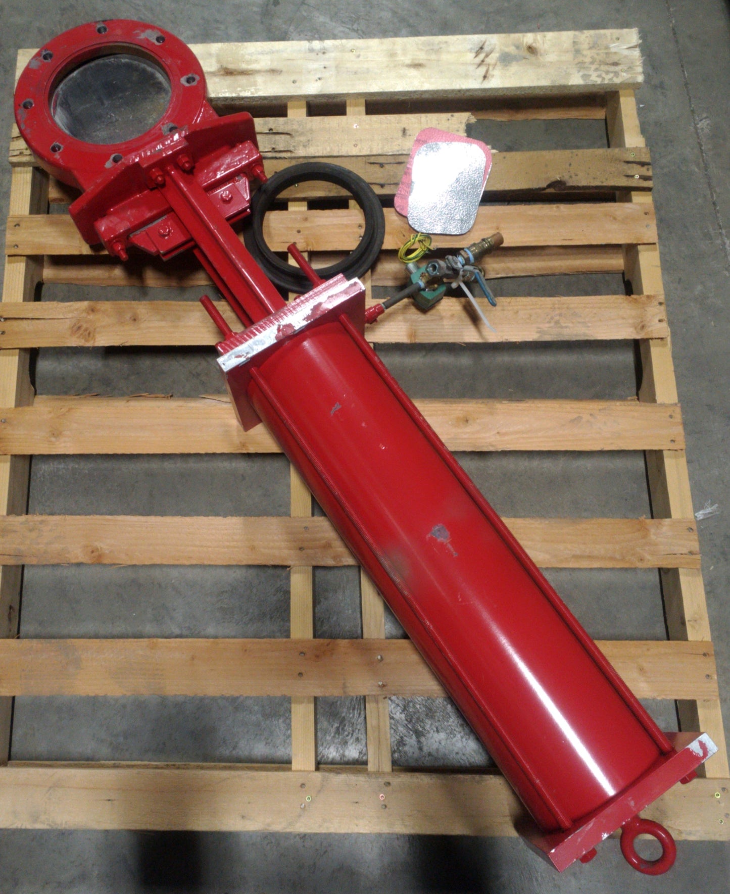 Used Red Valve Pneumatically Actuated Knife Gate Valve 8" Pipe 80PSI Supply 3/8"NPT