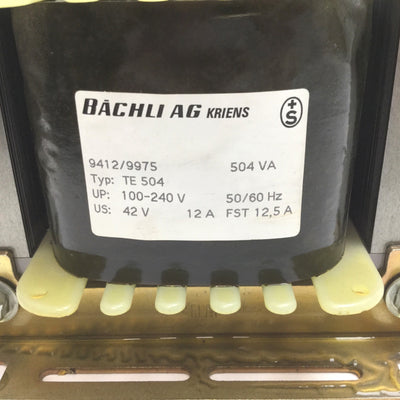 Used Bachli AG 9412/9975 TE504 Transformer, Rating: 504VA, Pri: 100-240V 50/60Hz