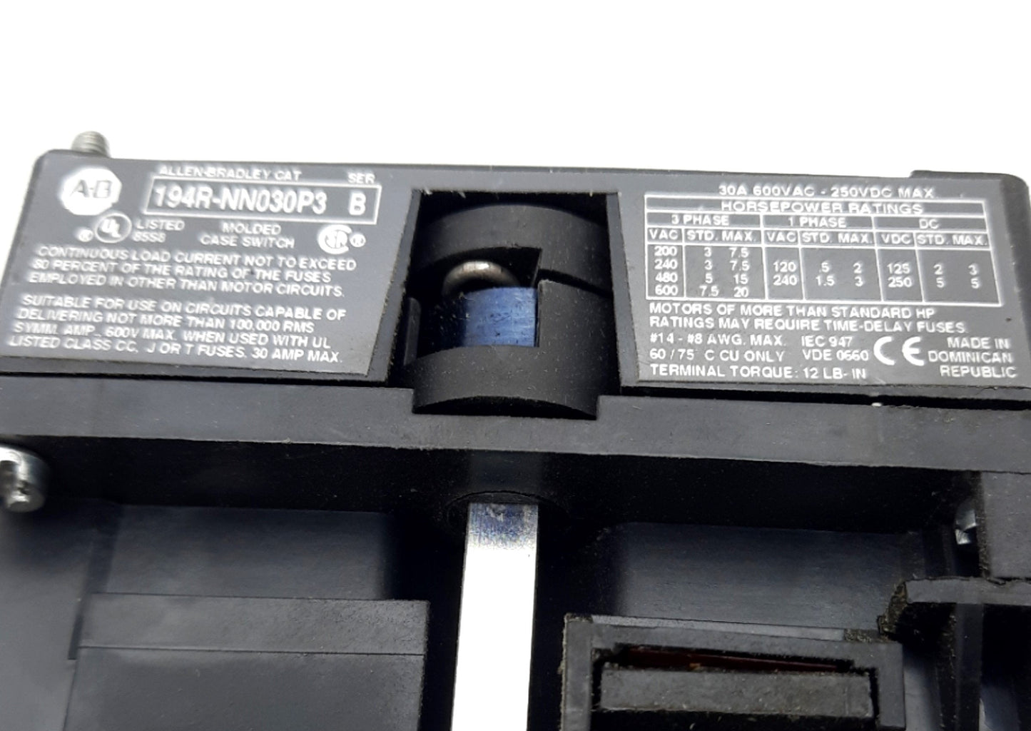 Used Allen Bradley 194R-NN030P3 Disconnect Switch, 3-Pole, Rating: 30A 600VAC 250VDC