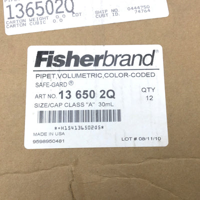 New Case Of 12 Fisher Brand 13-650-2Q Reusable Class A Volumetric Glass Pipets 30mL