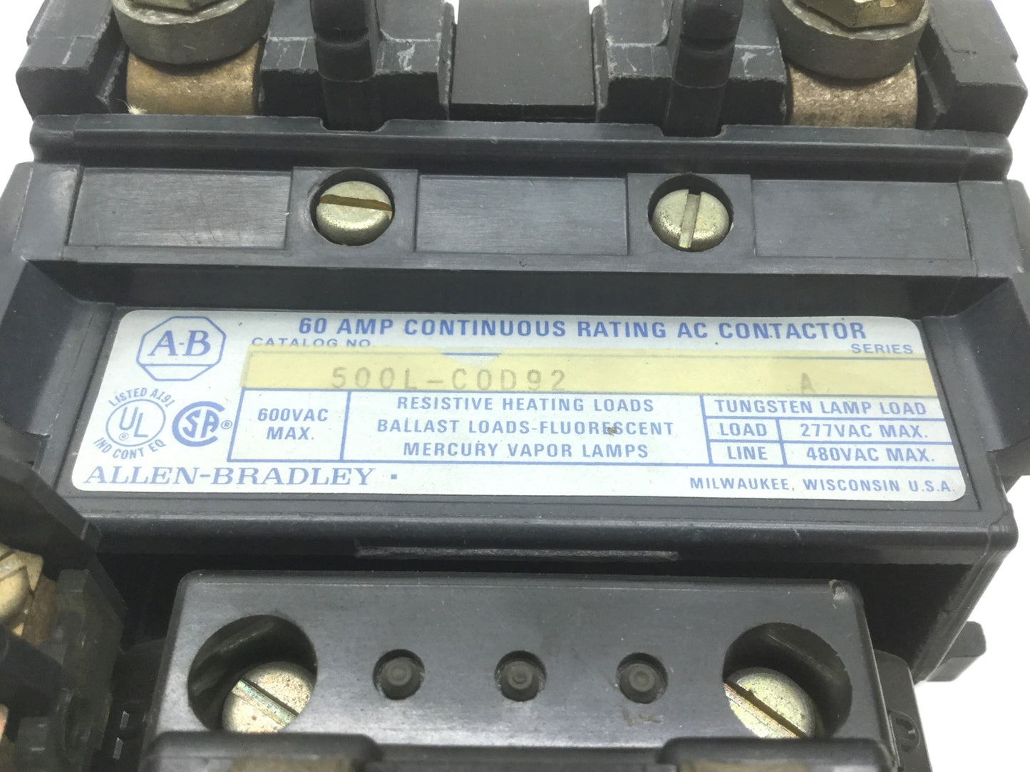 Used Allen Bradley 500L-COD92 Contactor 60A 2-Pole, Coil 120VAC, 595-A Auxiliary