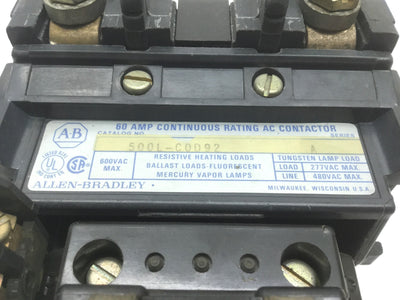 Used Allen Bradley 500L-COD92 Contactor 60A 2-Pole, Coil 120VAC, 595-A Auxiliary
