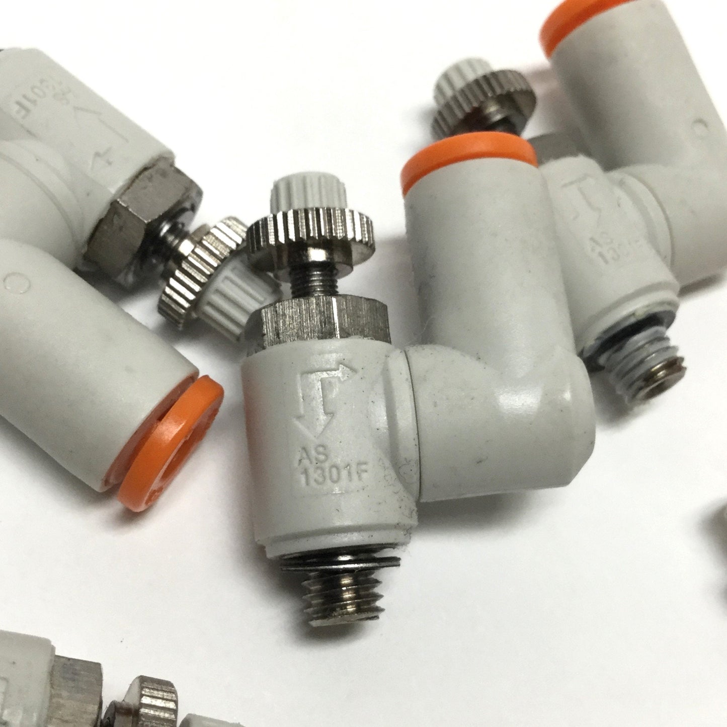 Used Lot of 5 SMC AS1301F-M5-03 Elbow Flow Control Fitting, M5 Thread, 5/32" Tubing