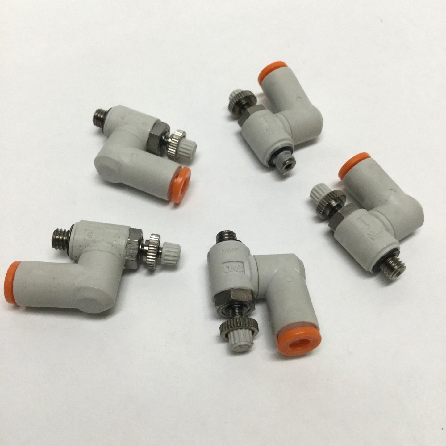 Used Lot of 5 SMC AS1301F-M5-03 Elbow Flow Control Fitting, M5 Thread, 5/32" Tubing