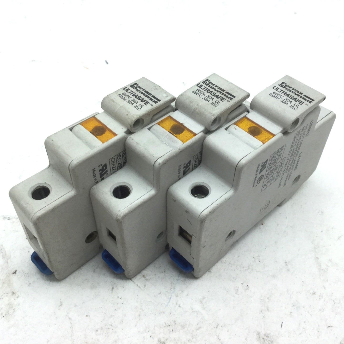 Used Lot of 3 Ferraz Shawmut USM11 Fuse Holders, Terminal Rating 600V 30A