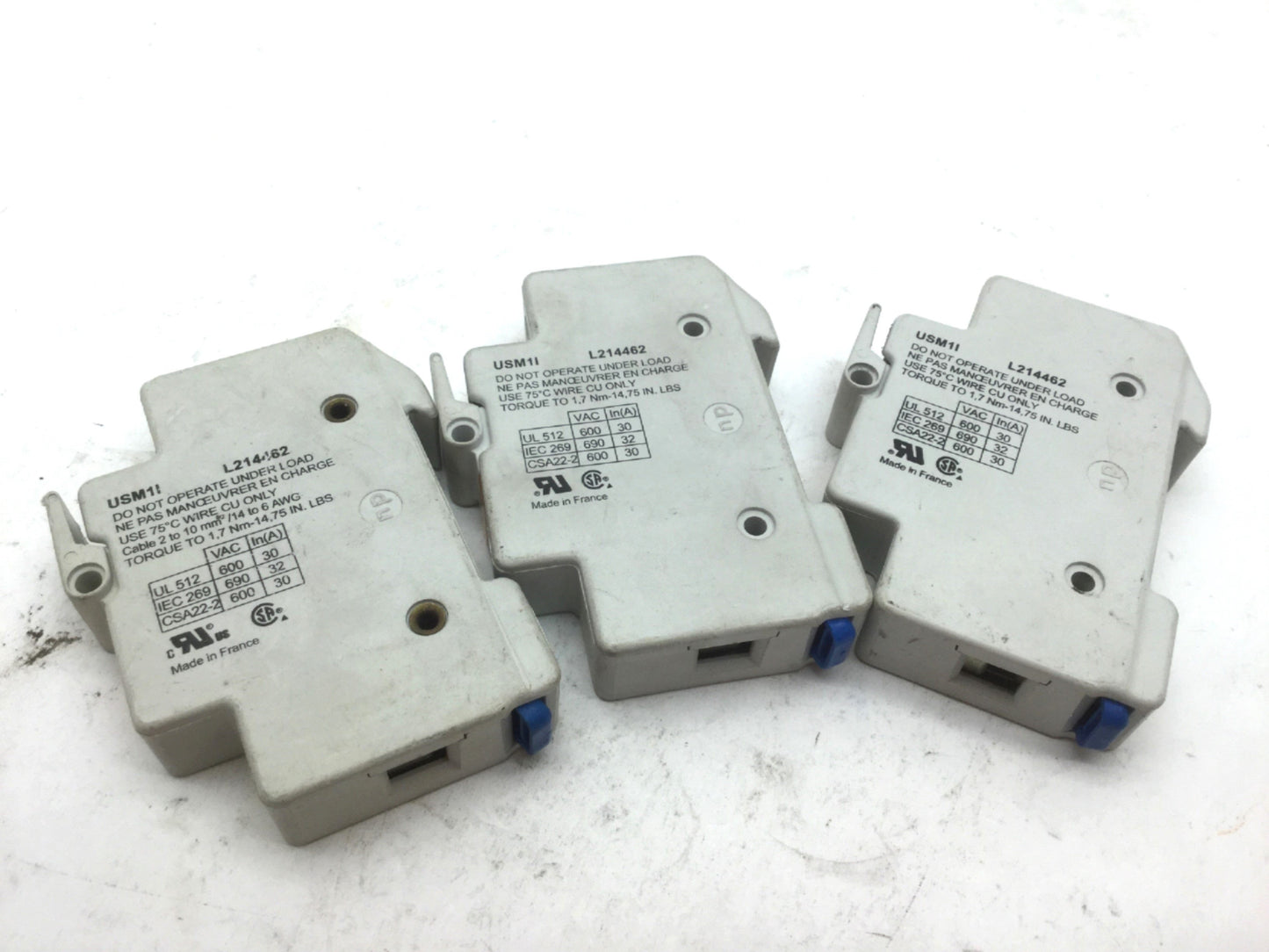 Used Lot of 3 Ferraz Shawmut USM11 Fuse Holders, Terminal Rating 600V 30A